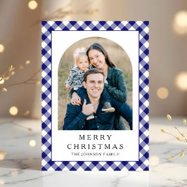 Festive Blue Gingham Photo Christmas Julkort