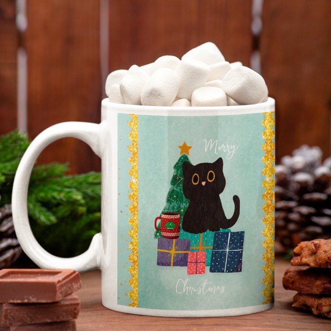 Festive Blue God jul Cute Black Cat Coffee Kaffemugg (Skapare uppladdad)