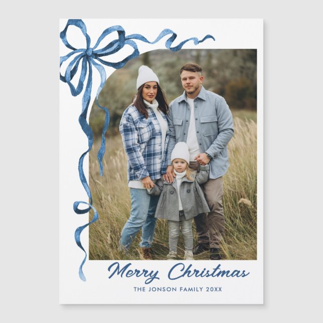 Festive Blue jul Bow Photo Magnetic Card (Framsida)