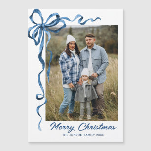 Festive Blue jul Bow Photo Magnetic Card