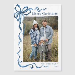 Festive Blue jul Bow Photo Magnetic Card