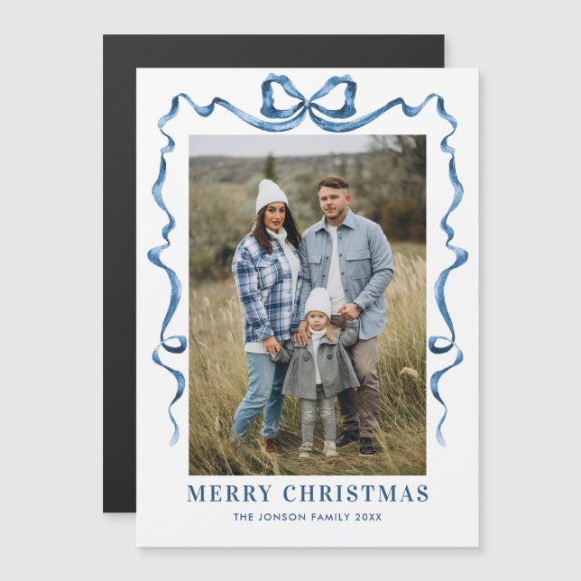 Festive Blue jul Bow Photo Magnetic Card (Fram/baksida)