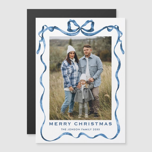 Festive Blue jul Bow Photo Magnetic Card (Fram/baksida)
