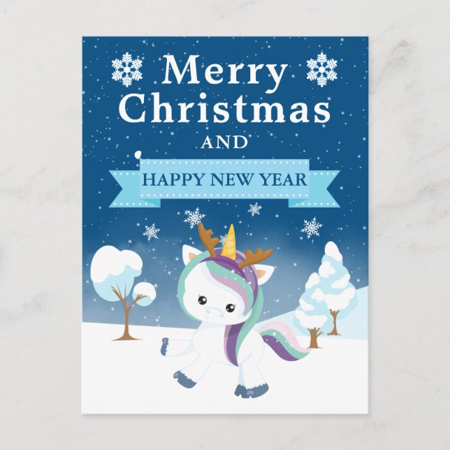 Festive Blue Lila & White jul Unicorn Helg Vykort (Framsida)
