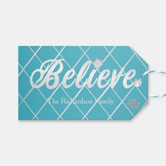 Festive Blue och Silver "Tro"-Helgdag Presentetikett (Framsidan (Horisontell))
