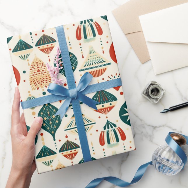 Festive Blue Ornaments Geometric Mid Century Presentpapper (Gifting)