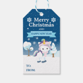 Festive Blue Purple & White Christmas Unicorn Presentetikett