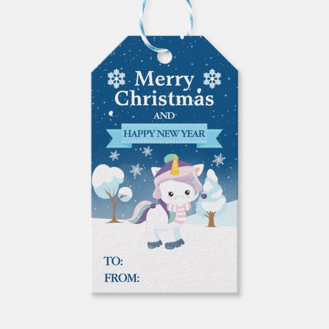 Festive Blue Purple & White Christmas Unicorn Presentetikett (Framsidan)