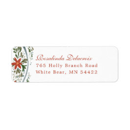 Festive Blue Ribbon and Poinsettia Traditional Returadress Etikett