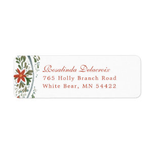 Festive Blue Ribbon and Poinsettia Traditional Returadress Etikett