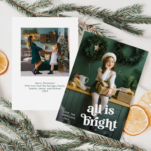 Festive Boho | Allt är ljust med två foton Julkort (A whimsical, boho Christmas card that says "all is bright" and features two of your photos)