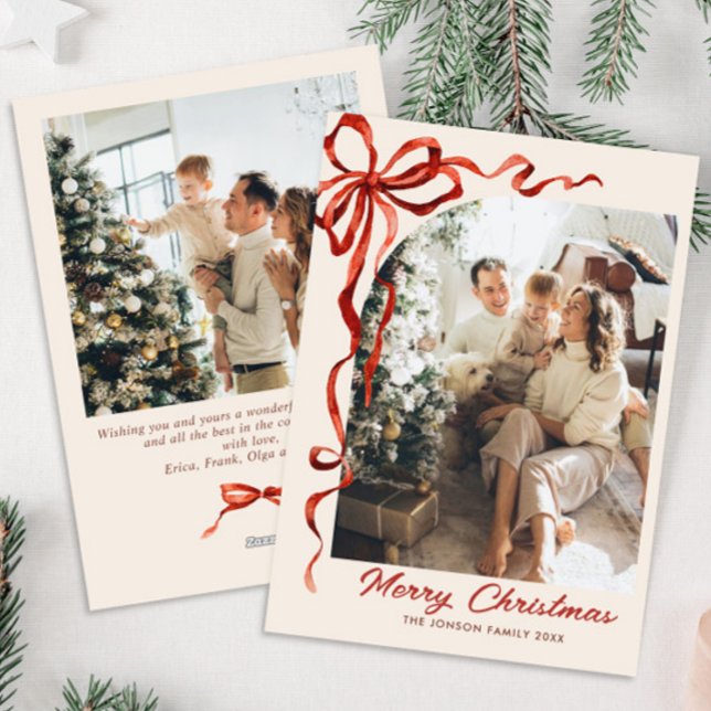 Festive Boho jul Red Bow Ribbon 2 Photo Julkort (Skapare uppladdad)