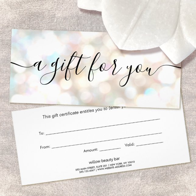 Festive Bokeh Glitter Script Gift Certificate Reklamkort (Skapare uppladdad)