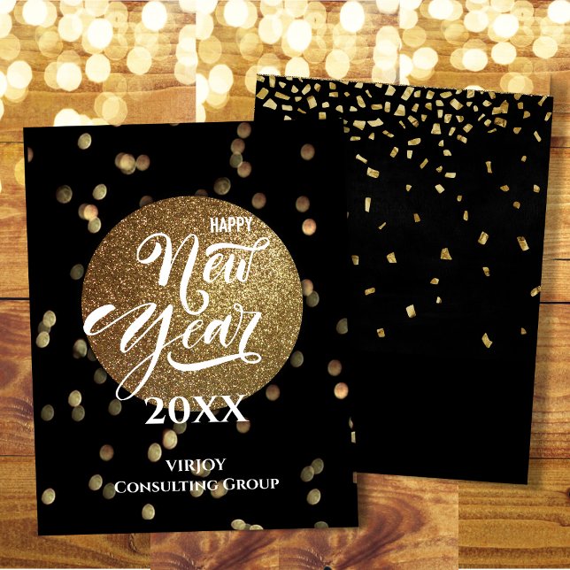 Festive Bokeh Guld Confetti Elegant Black Business Julkort (Skapare uppladdad)