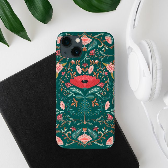 Festive Bontanical Blommigt Folk Art Forest Grönt (Festive Bontanical Floral Folk Art Forest Green Case-Mate iPhone Case)