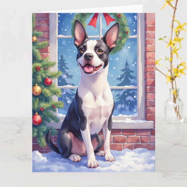 Festive Boston Terrier Christmas Art Kort (Gul blomma)