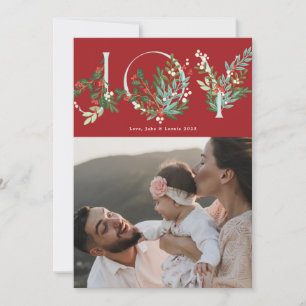 Festive Botanical JOY jul Traditional Red Julkort
