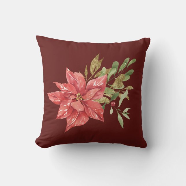 Festive Botanical Red Bouquet med Grönt och Guld Kudde (Framsida)