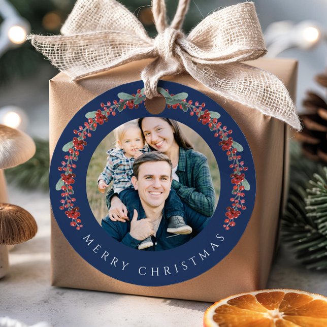 Festive Botanical Wreath Photo Christmas Gåvor Etiketter (Festive Botanical Wreath Photo Christmas Favor Tags)