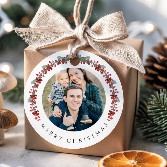 Festive Botanical Wreath Photo Christmas Gåvor Etiketter (Festive Botanical Wreath Photo Christmas Favor Tags
)