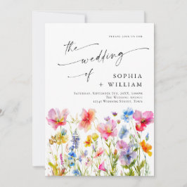 Festive Bright Watercolor Vild Flowers Bröllop Inbjudningar