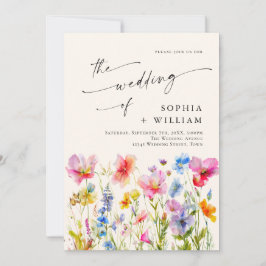 Festive Bright Watercolor Vild Flowers Bröllop Inbjudningar