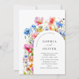 Festive Bright Watercolor Vild Flowers Bröllop Inbjudningar