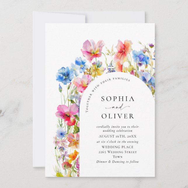 Festive Bright Watercolor Vild Flowers Bröllop Inbjudningar (Framsida)