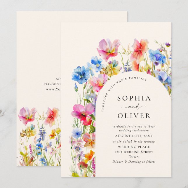 Festive Bright Watercolor Vild Flowers Bröllop Inbjudningar (Fram/baksida)