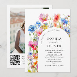 Festive Bright Watercolor Vild Flowers Bröllop Inbjudningar