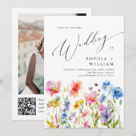 Festive Bright Watercolor Vild Flowers Bröllop Inbjudningar