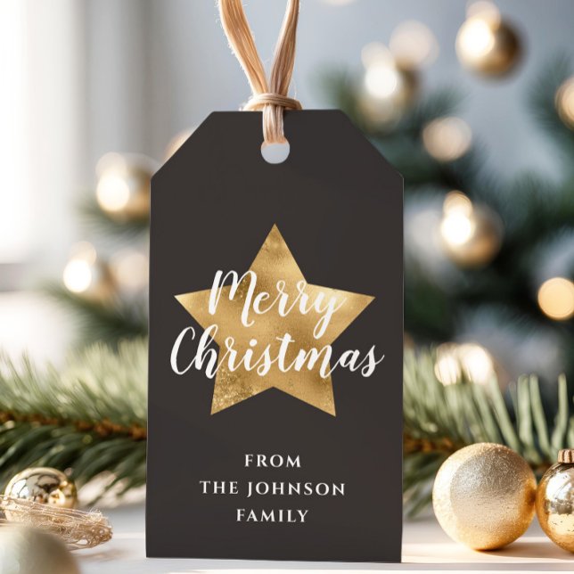 Festive Brown Guld Star God jul Presentetikett (Modern Brown Gold Star Merry Christmas Gift Tags)