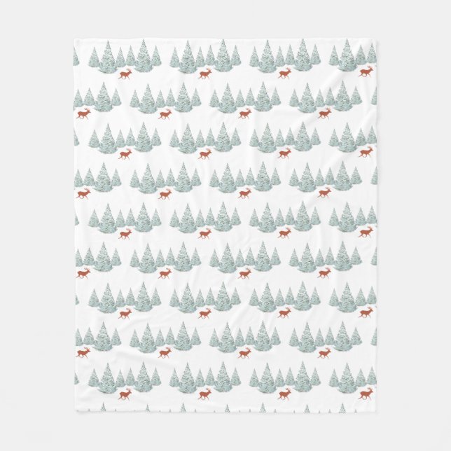 Festive Brown Hjort under Snowy Spruce Träd Fleecefilt (Framsidan)