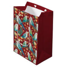 Festive Budgie Gold & Red Jul Wrapppaper