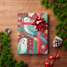 Festive Budgie Gold & Red Jul Wrapppaper