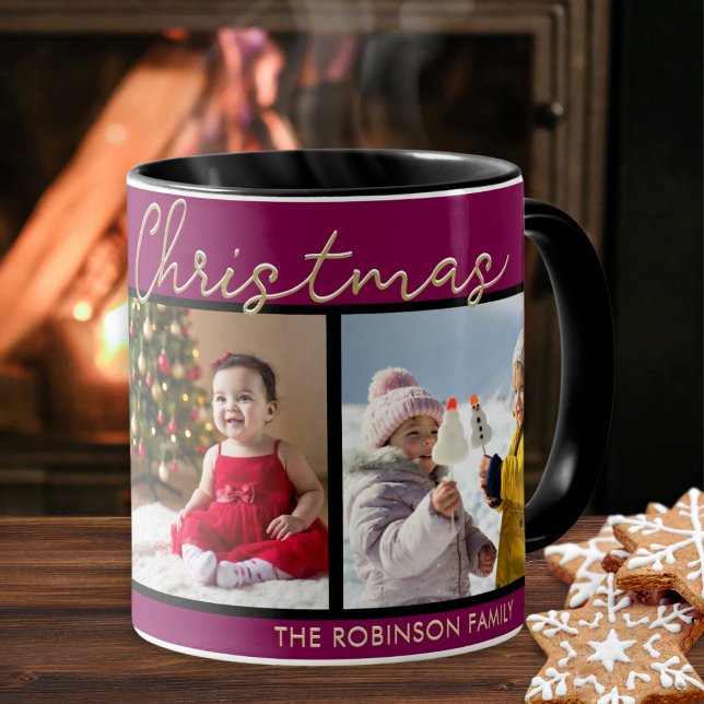 Festive Burgundy God jul 3 Photos Collage Mugg (An elegant mug with Merry Christmas greeting, to customize with 3 favorite photos and your name(s))