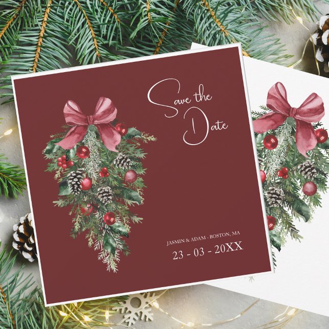 Festive Burgundy Grönt Vinterjul Bröllop Spara Datumet (Skapare uppladdad)