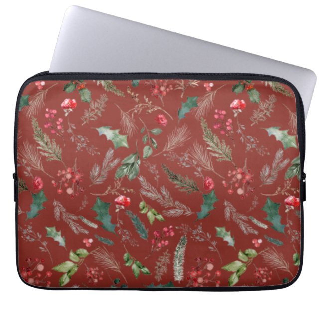 Festive Burgundy jul Winter Botanical Blommigt Laptop Fodral (Framsidan)