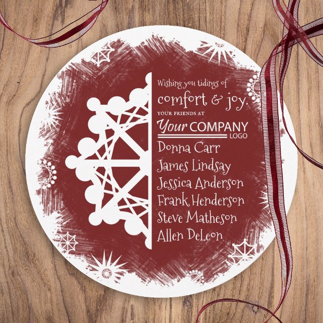 Festive Burgundy Round Business Helgdag Card Julkort (burgundy company holiday card, burgundy red business logo christmas card, white snowflake snow)