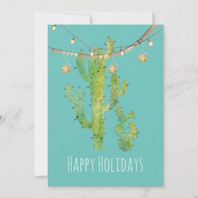 Festive Cactus Watercolor Helgdag Card Julkort (Framsida)