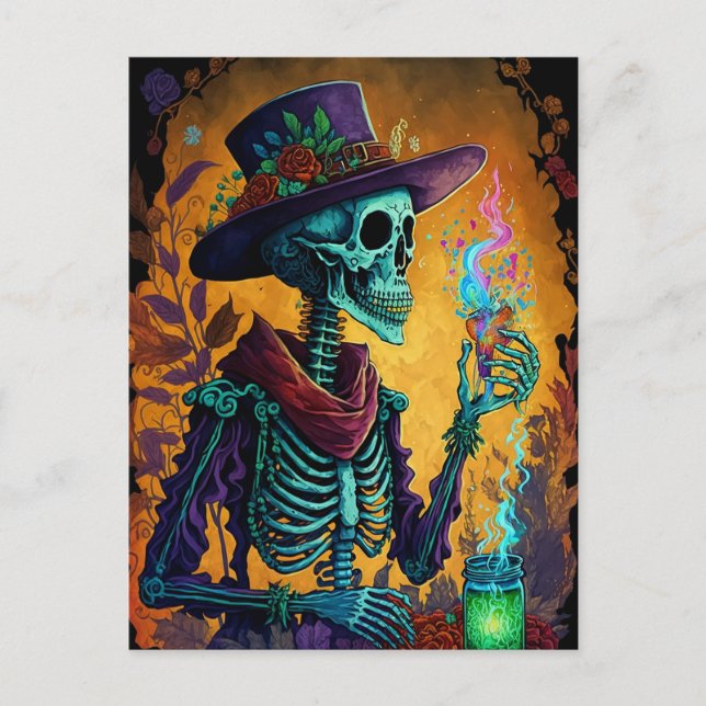 Festive Calavera! - Mexikanska Skeleton Art Vykort (Framsida)