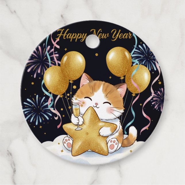 Festive Calico Cat Celebrating New Year with Firew Gåvor Etiketter (Framsida)