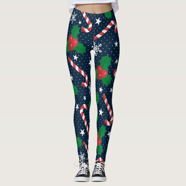 Festive Candy cane & Holly Berry jul Leggings (Framsida)