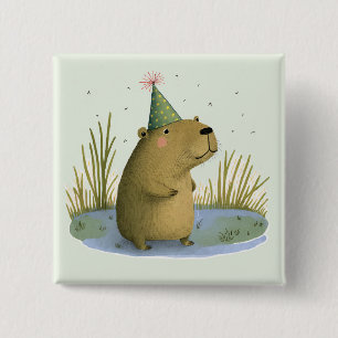 Festive Capybara Birthday Hat Button Knapp