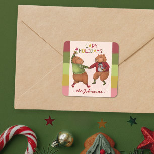 Festive Capybara jul Pun med Family Namn Fyrkantigt Klistermärke
