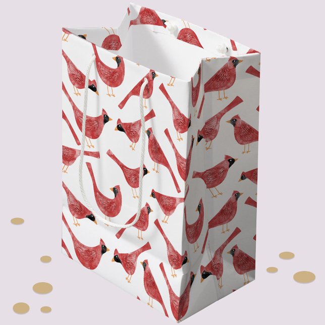 Festive Cardinal Bird Watercolor (Fun and festive Christmas Holiday Cardinal bird red and white watercolor gift bag)