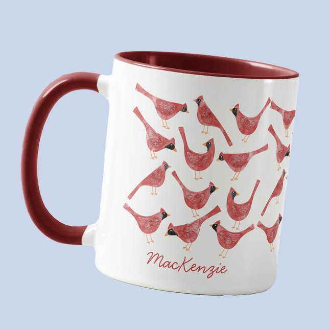 Festive Cardinal Bird Watercolor Personalized Name Mugg (Fun watercolor cardinal birds personalized name mug)