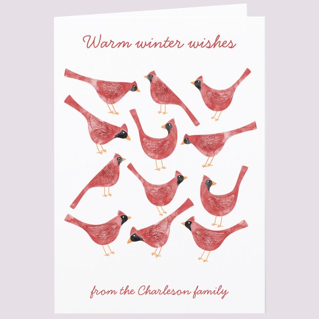 Festive Cardinal Bird Watercolor Personlig Helgkort (Fun Cardinal bird red and white watercolor art personalized custom text holiday card)