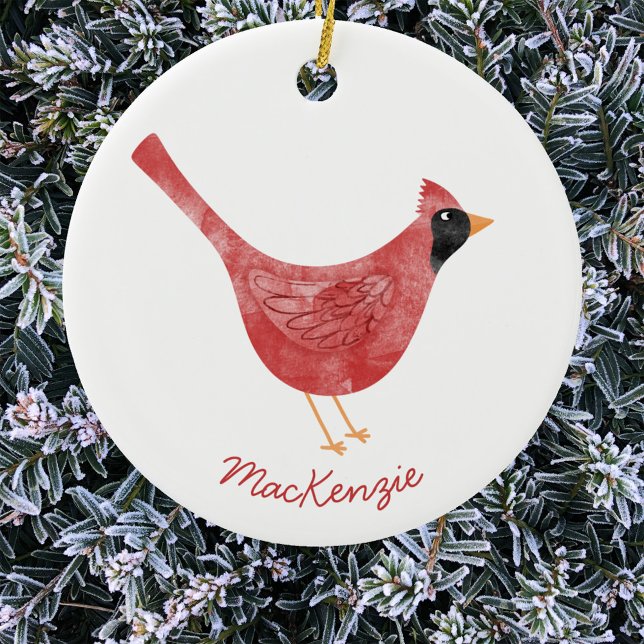 Festive Cardinal Bird Watercolor Personlig Julgransprydnad Keramik (Festive Cardinal bird watercolor red and white personalized Christmas Holiday ornament)
