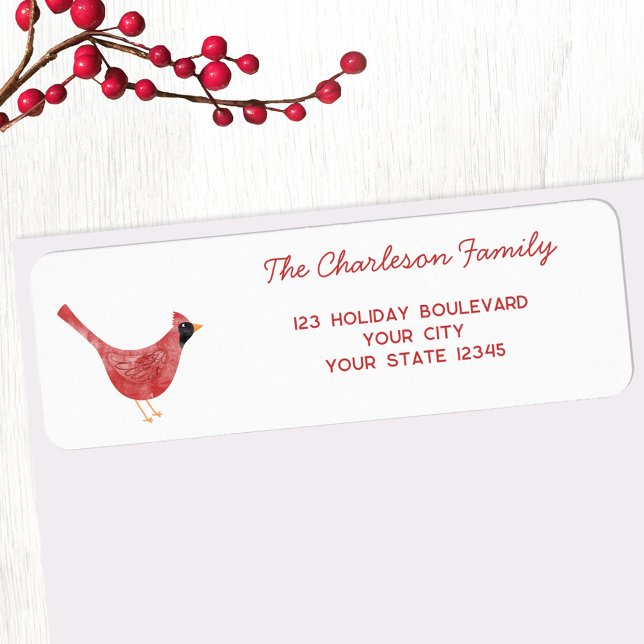 Festive Cardinal Bird Watercolor Returadress Etikett (Festive Cardinal bird watercolor personalized Christmas Winter Holiday return address label)